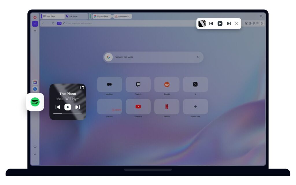 Listen to your favorite music with modular Music Player in the Opera browser's sidebar.
