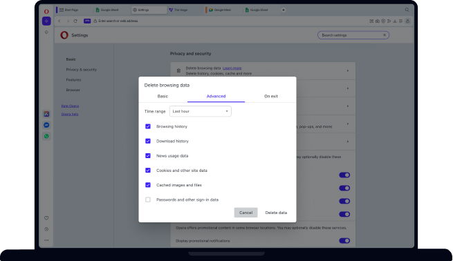 To clear browsing data go to Settings, then select Privacy & security and click Delete browsing data.