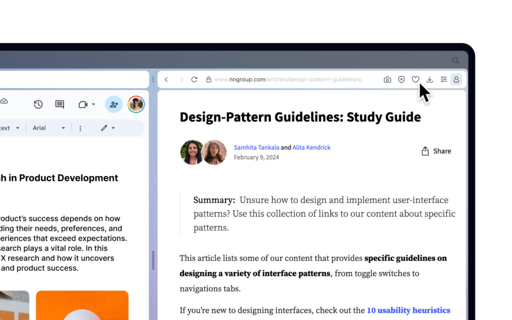 In the Split Screen mode, the toolbar remains visible and organizes icons based on how they function.