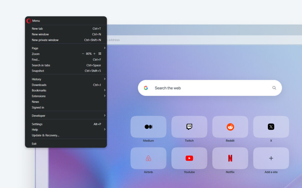 From the main menu, you can open new tabs or browser windows, zoom in or out on pages, and view Opera pages.