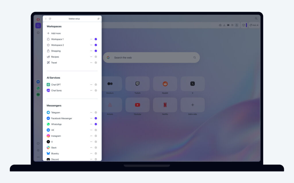 Opera sidebar with icons for quick access to browser features like workspaces, messengers, bookmarks and AI.