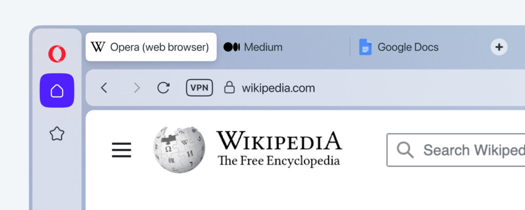 The Opera browser with multiple open tabs and Wikipedia loaded in the active tab.