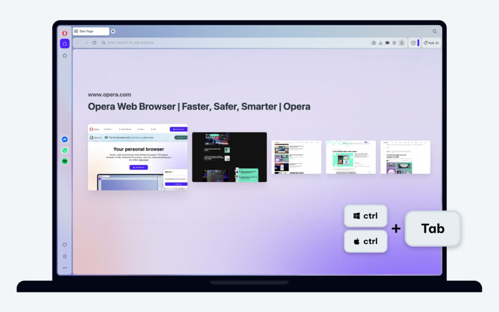 Opera visual tab-cycler popup showing thumbnail previews of open tabs for quick switching