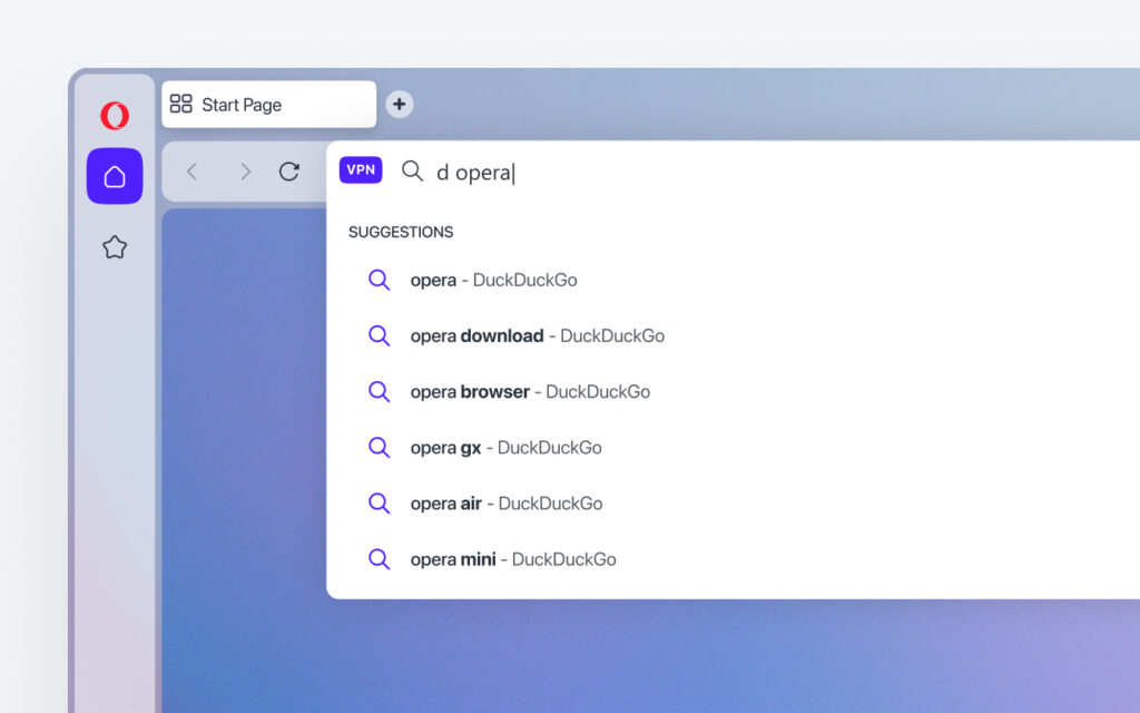 Opera search bar using a keyword (e.g., “d”) plus space to search with DuckDuckGo.