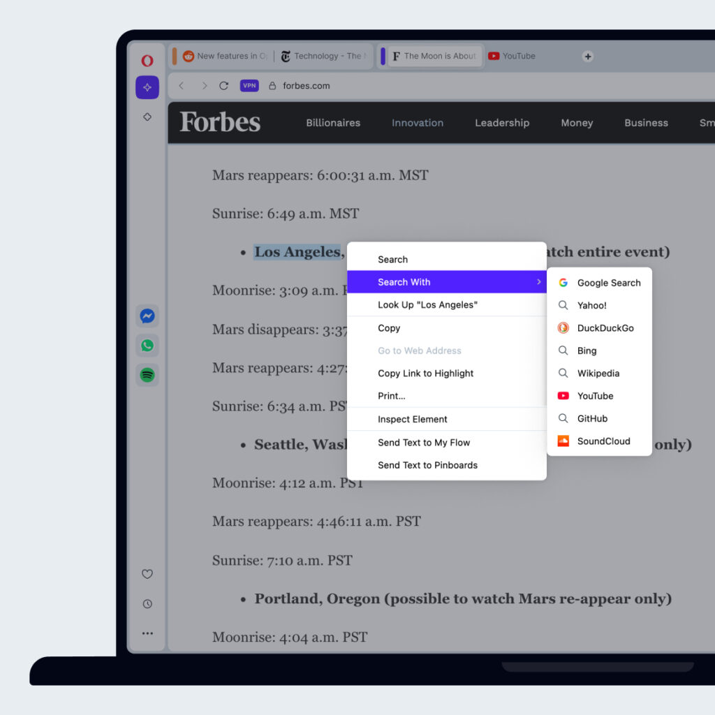 Popup menu showing “Search with” options like Google, Yahoo, DuckDuckGo, and more.