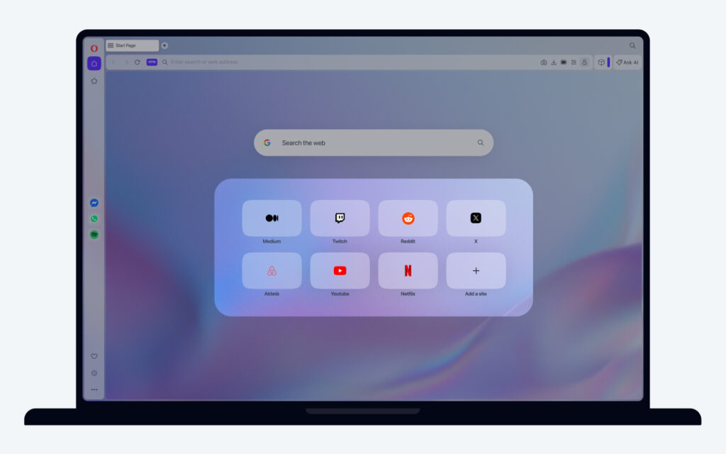 The Opera start page features a speed dial in the center that provides quick access to websites.