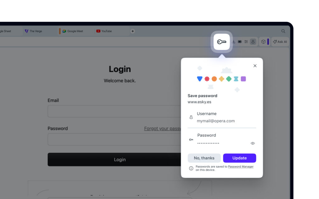 When you enter a new password on a website, a popup will appear asking if you’d like to save your credentials.