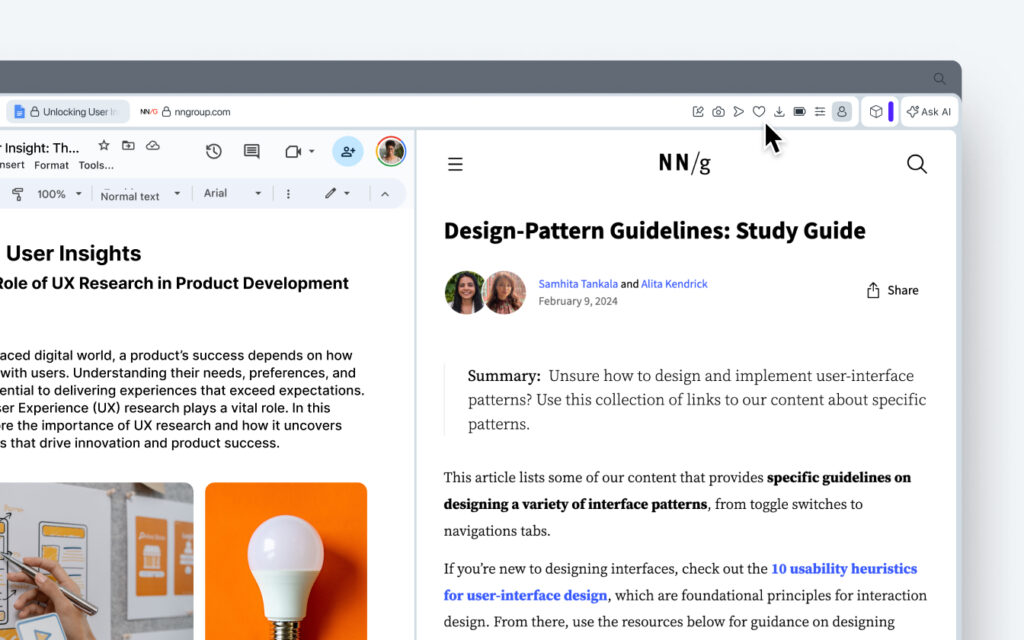 In the Split Screen mode, the toolbar remains visible and organizes icons based on how they function.