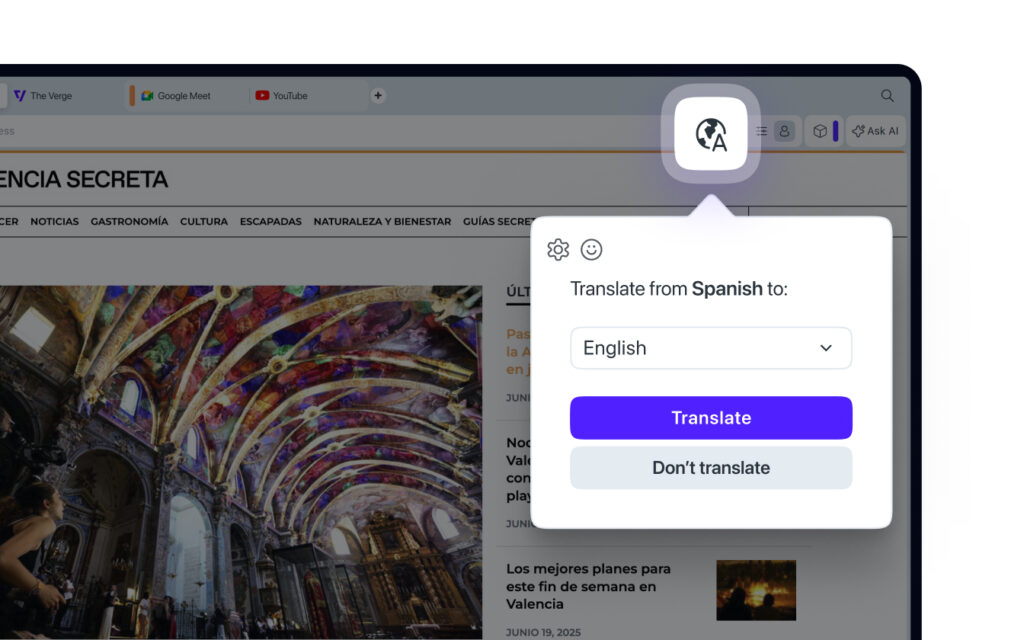 A globe icon appears on the right side of the address bar, indicating that Opera Translate is active and translations are available.
