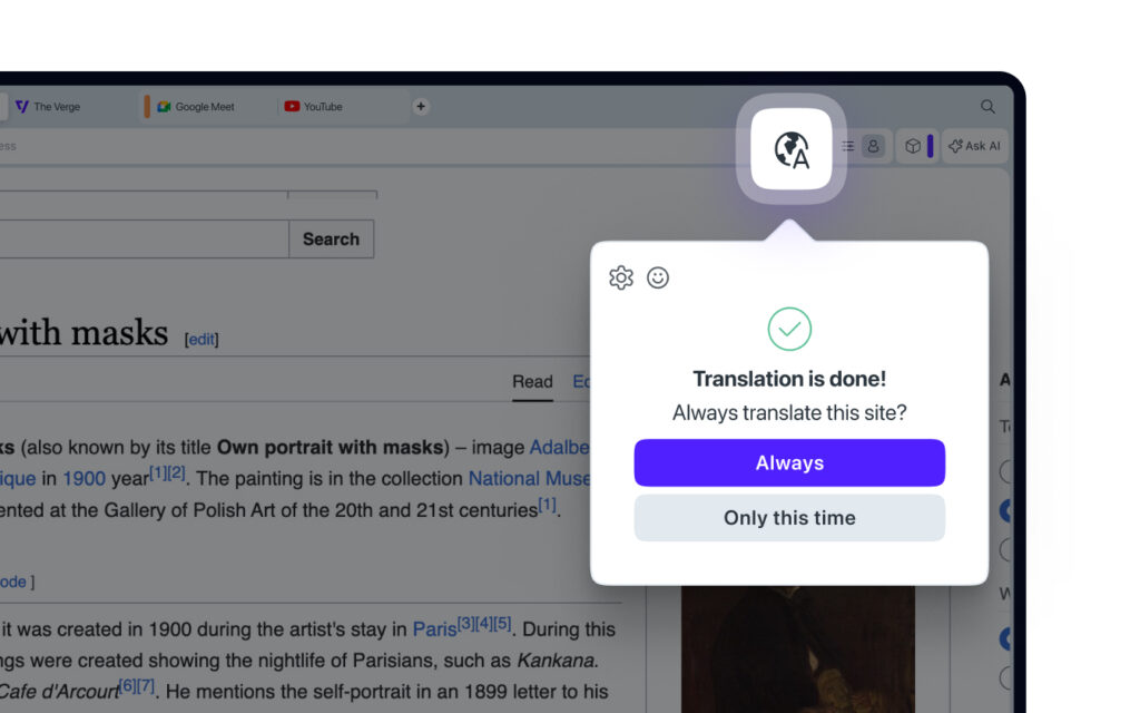 In this popup, you can choose to automatically translate certain page in the future, or tell Opera Translate to never translate this specific site.