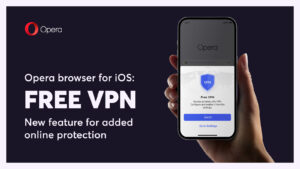 A phone displays its protection by Opera's free VPN for iOS.