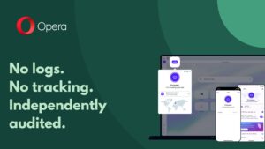 Several devices show Opera's free, no-log VPN.