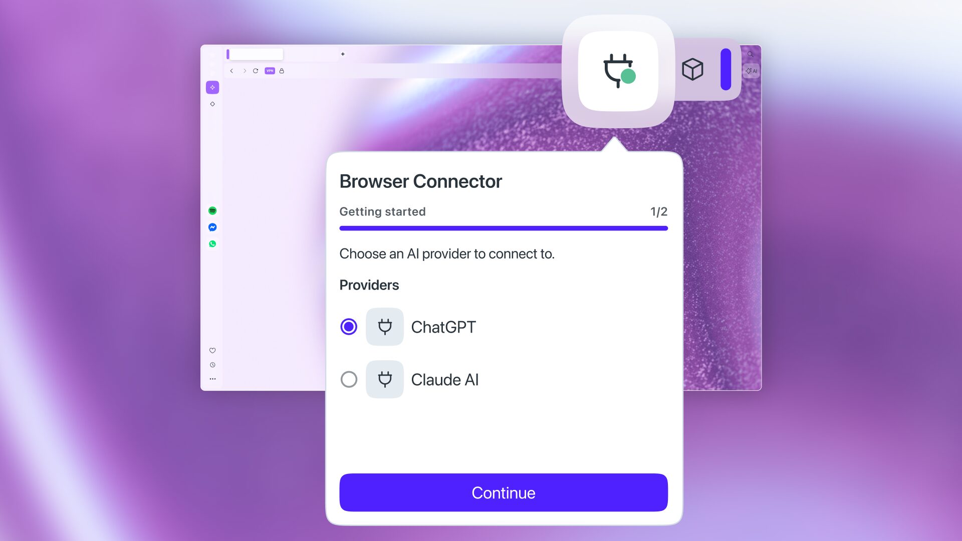 UI of the Browser Connector feature which allows users to plug in ChatGPT & Claude to the browser via MCP. 